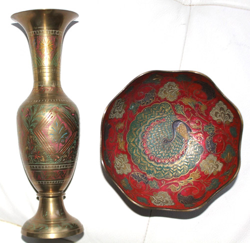 Metall vase schale mit - schale, pfau